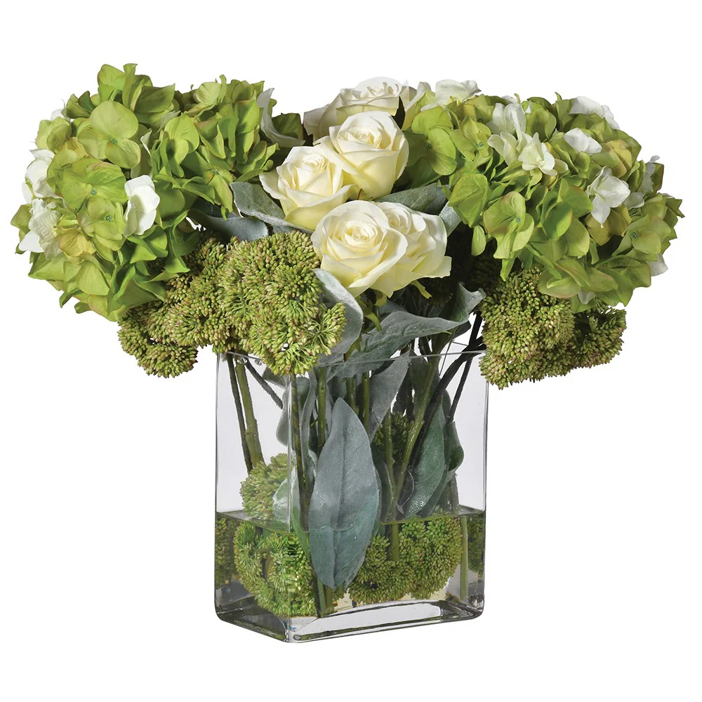 Artificial Hydrangea, Rose, and Sedum Arrangement – Tall Oblong Glass