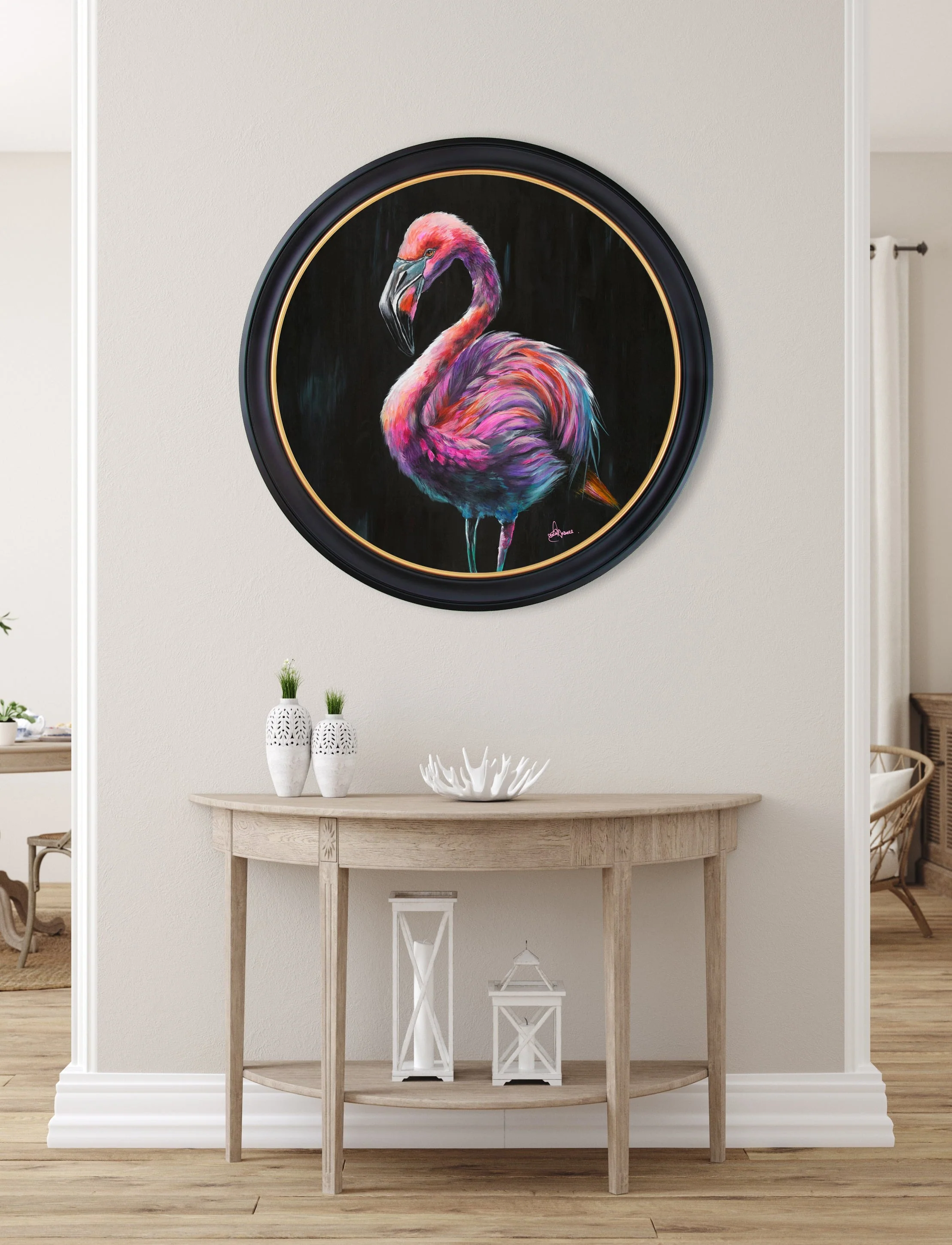 Flamingo Print 'Florrie' by Amy Ansell - Oxford Round Frame - Image 2