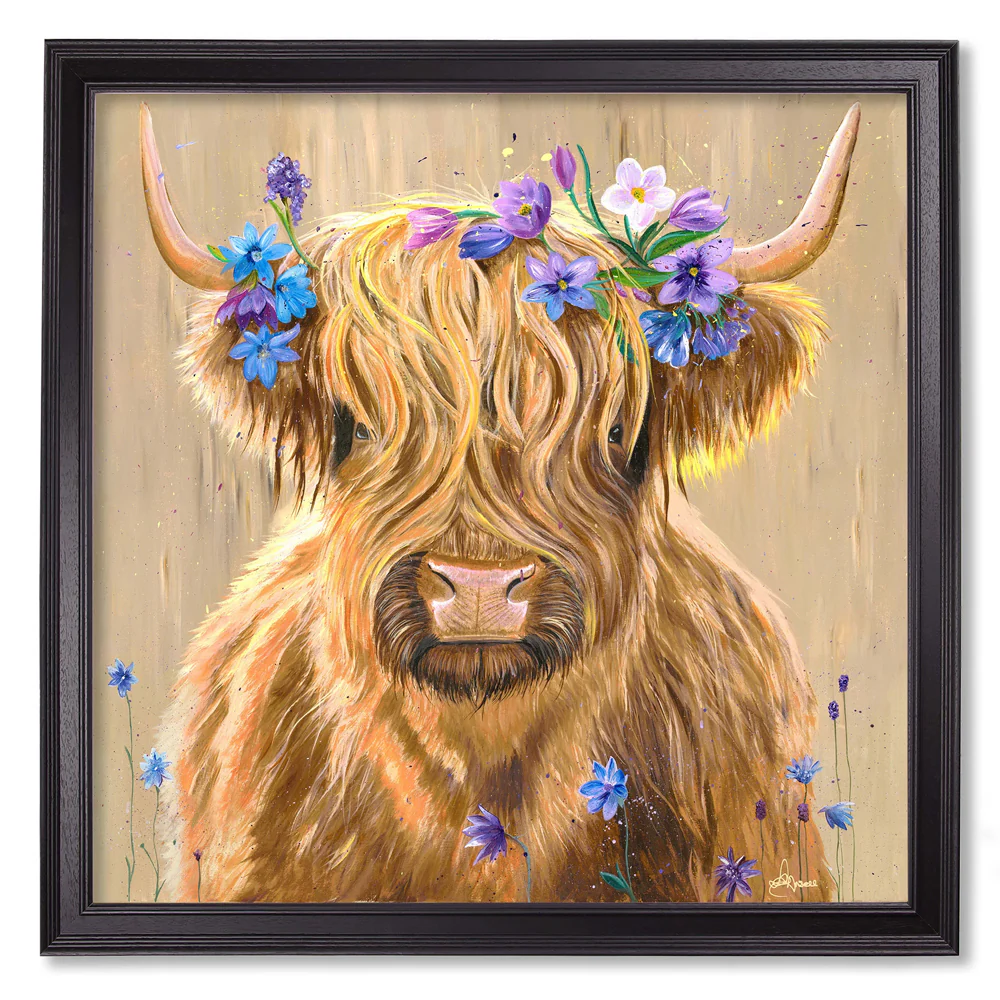 Highland Cow Print 'Flower Girl' by Amy Ansell - Black Square Frame