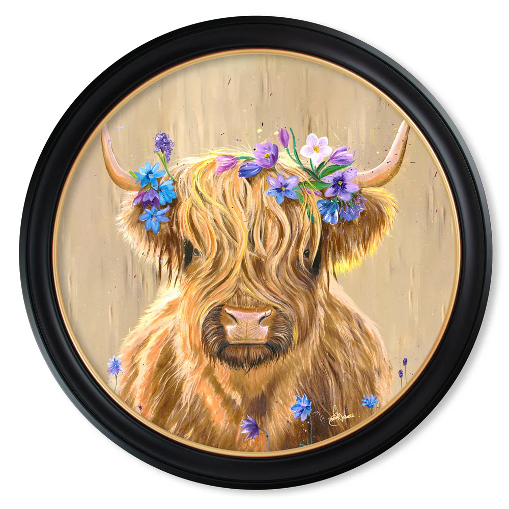 Highland Cow Print 'Flower Girl' by Amy Ansell - Oxford Round Frame