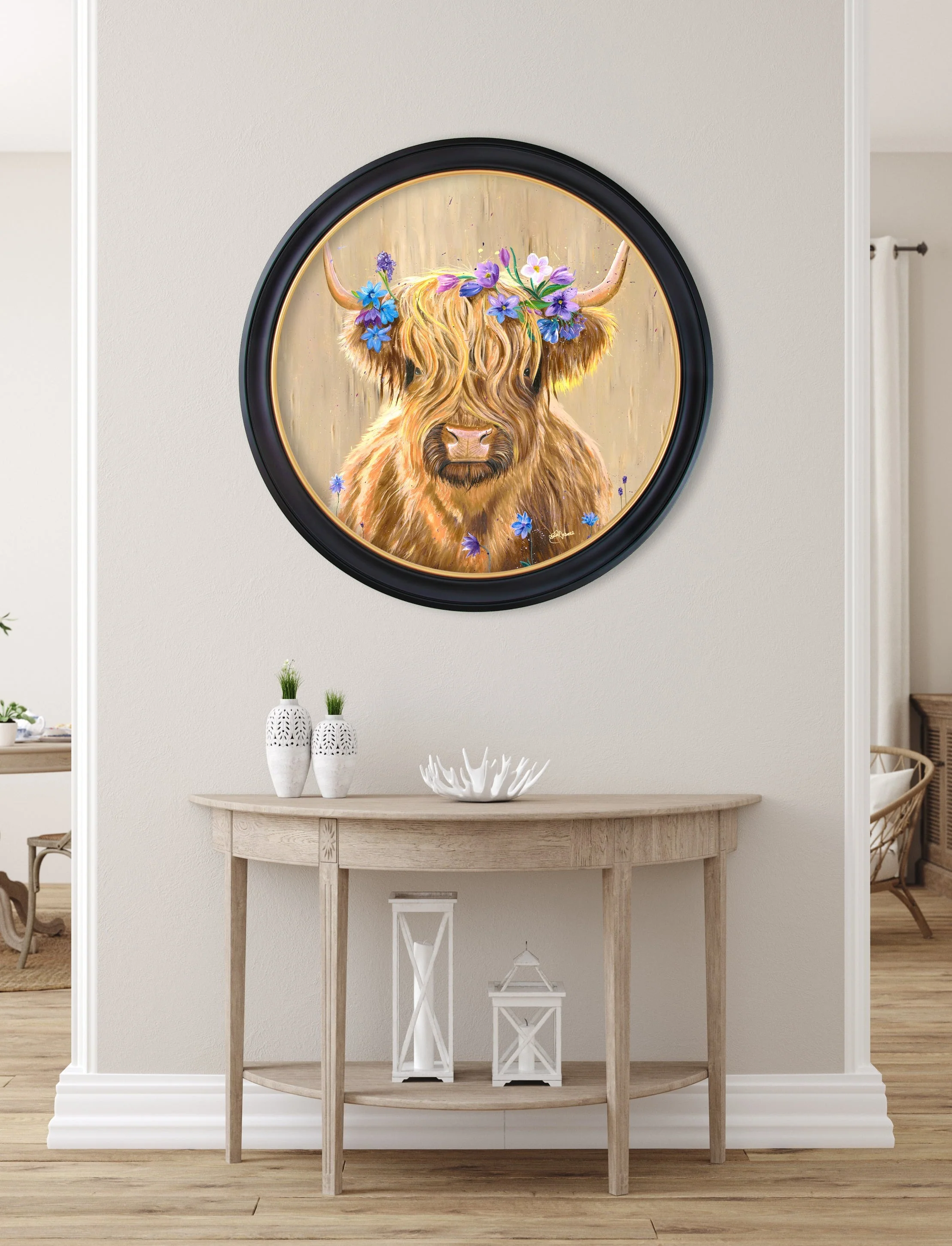 Highland Cow Print 'Flower Girl' by Amy Ansell - Oxford Round Frame - Image 2