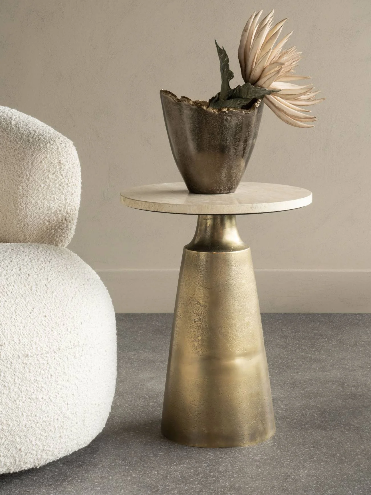 Libra Interiors Clifton II Side Table in Antique Brass and Travertine - Image 7
