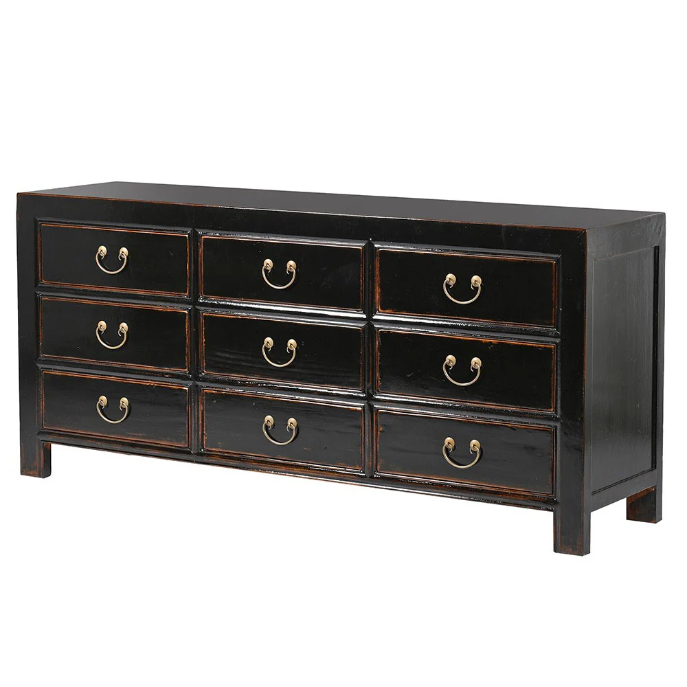 Lingbao Midnight Black Cabinet with 9 Drawers in Pine Wood
