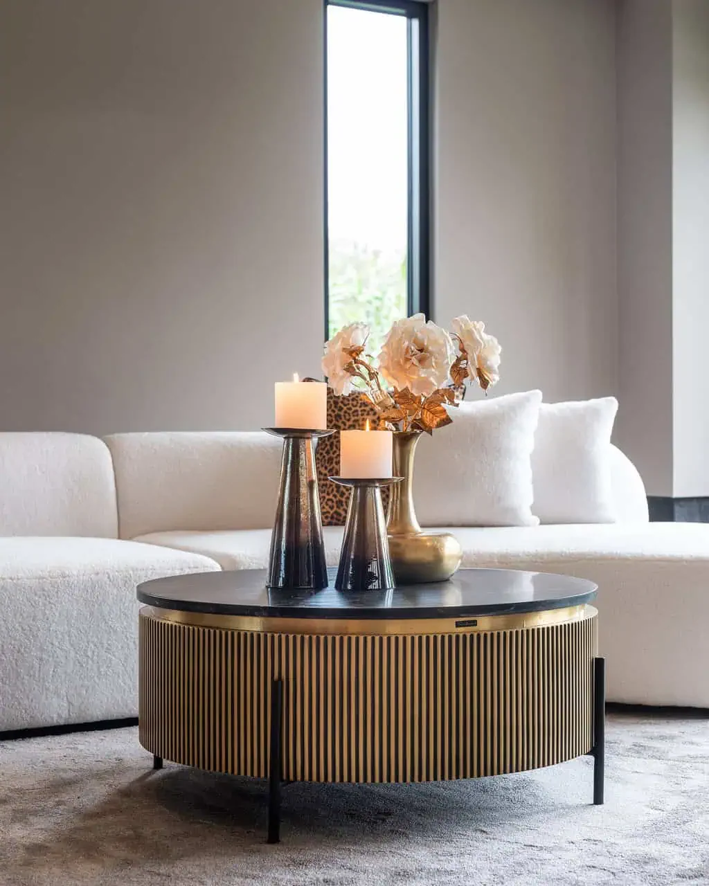 Richmond Interiors Ironville Brass Birch and Marble Round Coffee Table - Image 3
